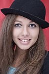 Woman Wth Beautiful Smile And Hat Stock Photo