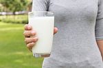 Women Hand Hold Milk In Glass Healthy Drink Lifestyle Stock Photo