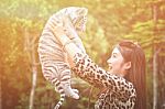 Women Hold Baby White Bengal Tiger Stock Photo