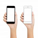 Women Hold Phone Showing Blank Screen Display On White Backgroun Stock Photo