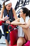 Women Relaxing In The Gym After Making Exercise Stock Photo