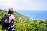 Women Tourist On Viewpoint At Koh Tao Stock Photo