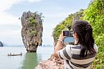 Women Tourist Shooting Natural View By Mobile Phone Stock Photo