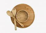 Wooden Plate, Bowl, Spoon And Fork Isolated On White Background Bamboo Top View Stock Photo