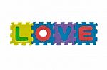 Word Love Formed With Colorful Foam Puzzle Toy Isolated On White Stock Photo