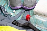 Workout Set With Sport Clothing And Heart Rate Monitor Stock Photo