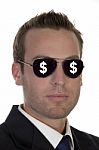 Young American Businessman With Dollar Signs On His Sunglasses Stock Photo