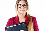 Young Business Girl Looking At Camera. Isolated On White Stock Photo