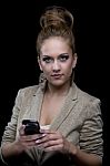 Young Business Woman With Mobile Phone Stock Photo