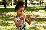 Young Child Using Smartphone At Park Stock Photo