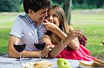 Young Couple Eating Grapes On Romantic Picnic In Countryside Stock Photo