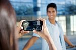 Young Couple Taking Photos With Mobile Stock Photo