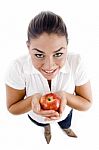 Young Female Holding An Apple Stock Photo