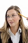 Young Female Holding Pencil Stock Photo