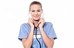 Young Female Using Stethoscope Stock Photo