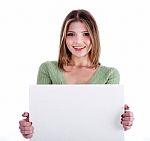 Young Girl Holding White Board Stock Photo