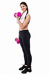 Young Girl Lifting Dumbbells, Biceps Exercise Stock Photo