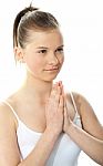 Young Girl Meditating At Home Stock Photo