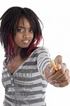 Young Girl Showing Pencil Stock Photo