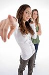 Young Girls Posing With Hand Gesture Stock Photo