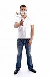 Young Guy Holding Rolling Brush Stock Photo