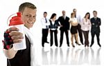 Young Guy Showing Sipper Bottle And His Team Standing On His Back Stock Photo