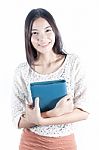 Young Lady Holding Notebook Stock Photo