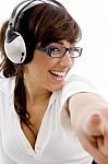 young lady Listening Music Stock Photo