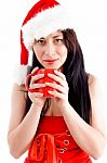 Young Lady Wearing Christmas Hat Stock Photo