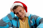 Young Male Wearing Christmas Hat Stock Photo