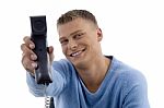 Young Man Showing Phone Receiver Stock Photo