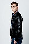 Young Man Wearing Leather Jacket Stock Photo