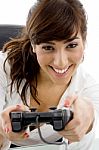 Young Woman Playing Video Game Stock Photo