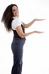 Young Woman Posing Like Holding Something With Hand Gesture Stock Photo