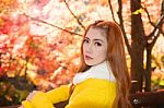 Young Woman With Autumn Leaves In Maple Garden Stock Photo