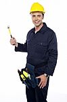 Young Worker Holding Hammer Stock Photo