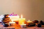 Zen Stones And Aromatic Candles On Table,zen Concept Stock Photo